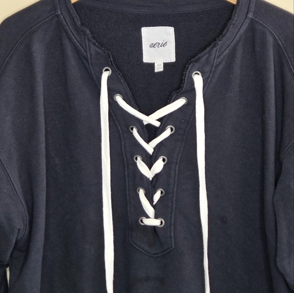 Aerie | Faded Washed Black Laced Up Sweatshirt Size Small - Picture 3 of 8